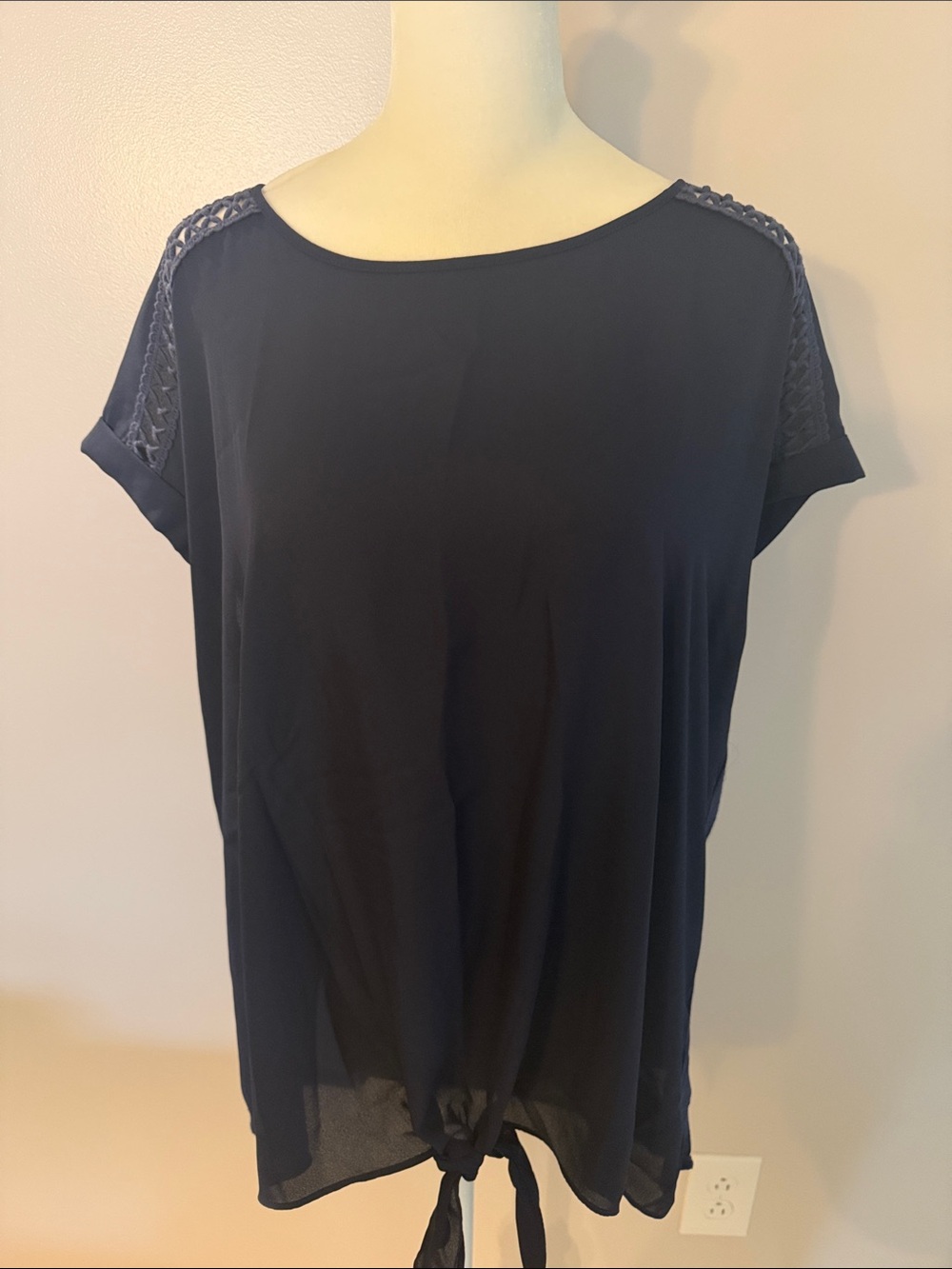 Tie-Front Navy Short Sleeve Tunic with Lace-Trim Shoulders